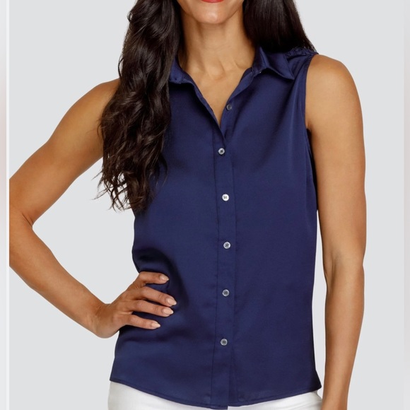 On The Go (OTG) Noel Navy Blue Sleeves Collard Button Up Lace Detail Blouse NWT - Picture 2 of 8